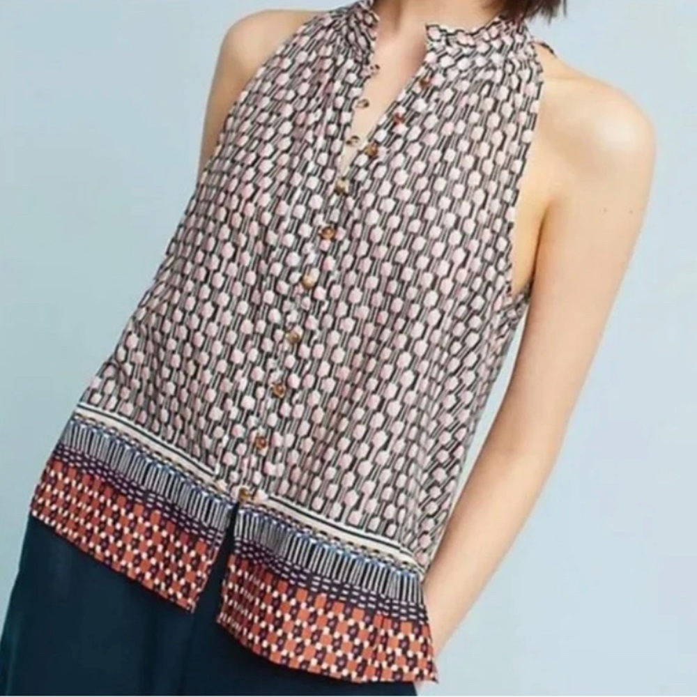 Anthro Maeve Prema Printed Tank Top Ruffle Button Front sz M like new - Picture 6 of 7